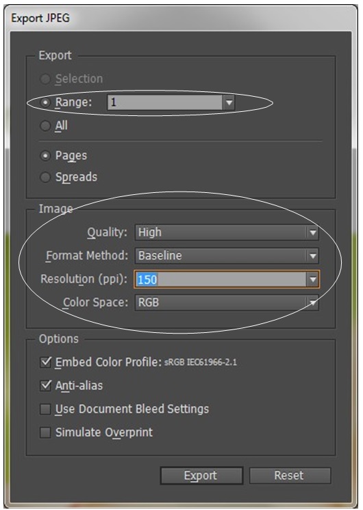 a screenshot of the 'Export JPEG' menu in InDesign