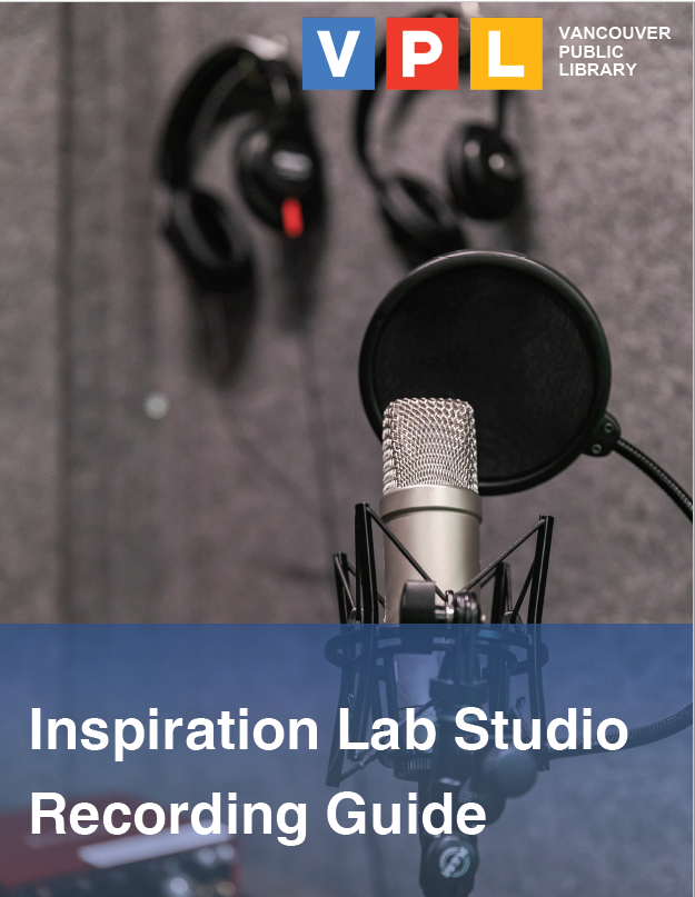 Photo of the interior of an Inspiration Lab Recording Studio showing a microphone, pop filter, and headphones accompanied by text that says Inspiration Lab Studio Recording Guide