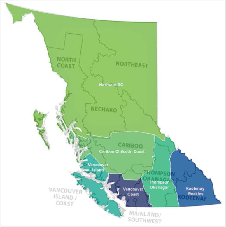 map of BC showing the six tourism regions