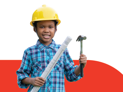 Photo of a boy wearing a construction hat and holding a hammer and some building plans.