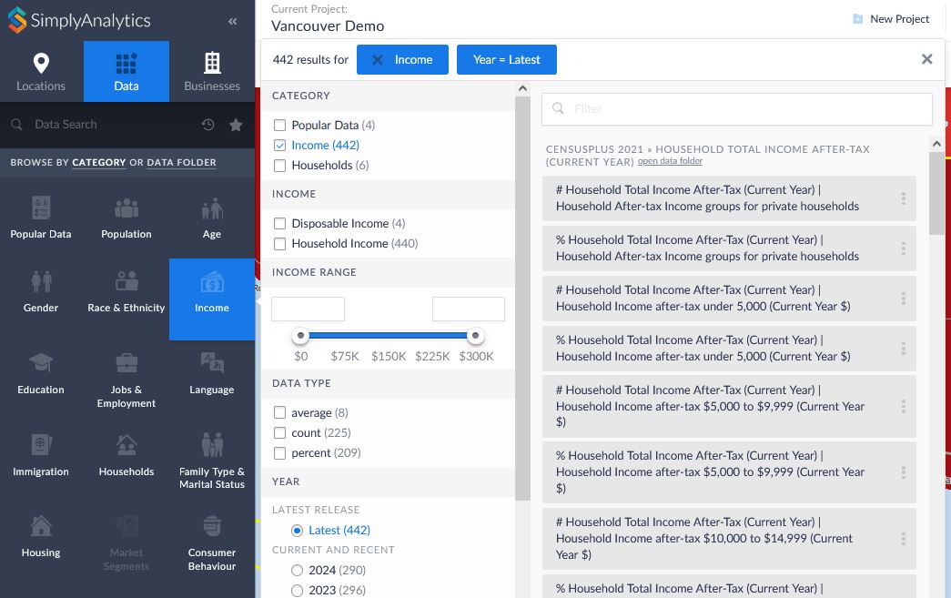 Screenshot of SimplyAnalyics' Income data