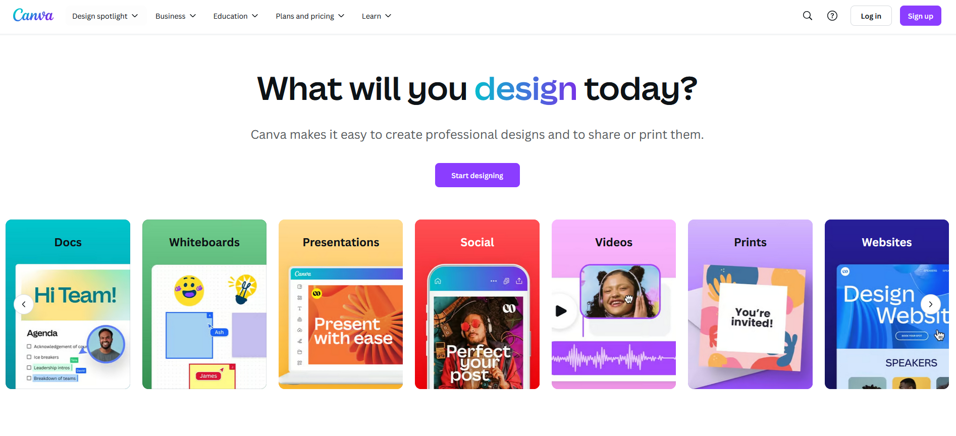 Screenshot of Canva webpage with the text What will you design today?