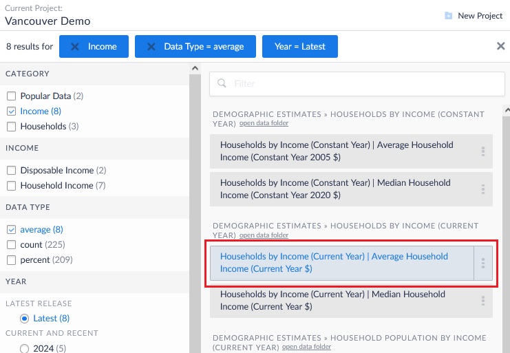 Screenshot of SimplyAnalytics' Income Variable