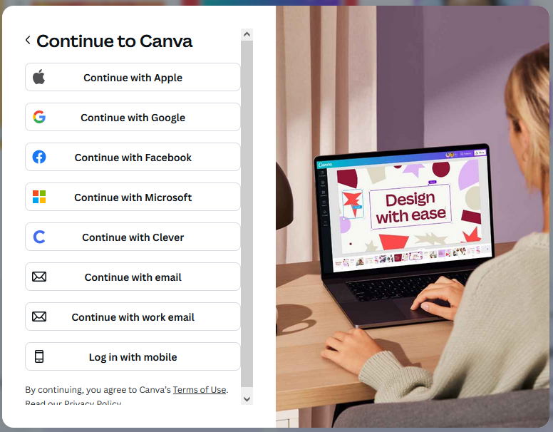 Screenshot of Canva login page listing the various options 