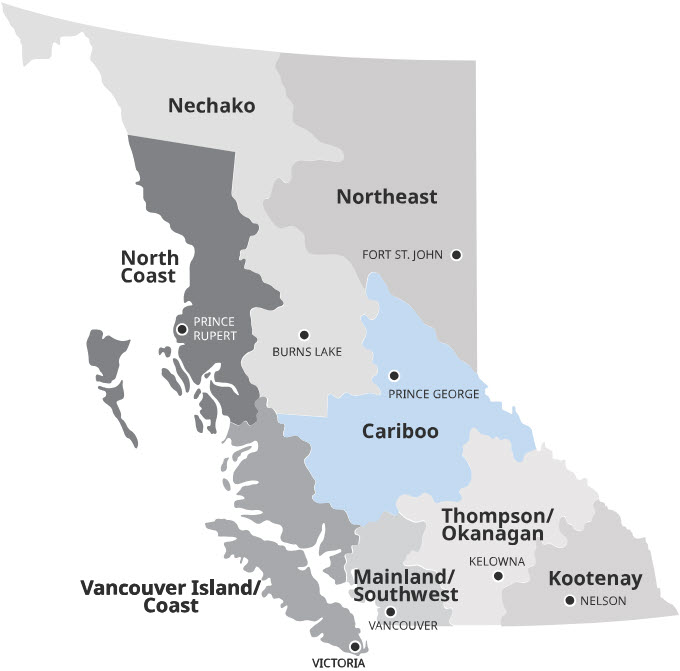 Map of B.C. with Cariboo region highlighted 