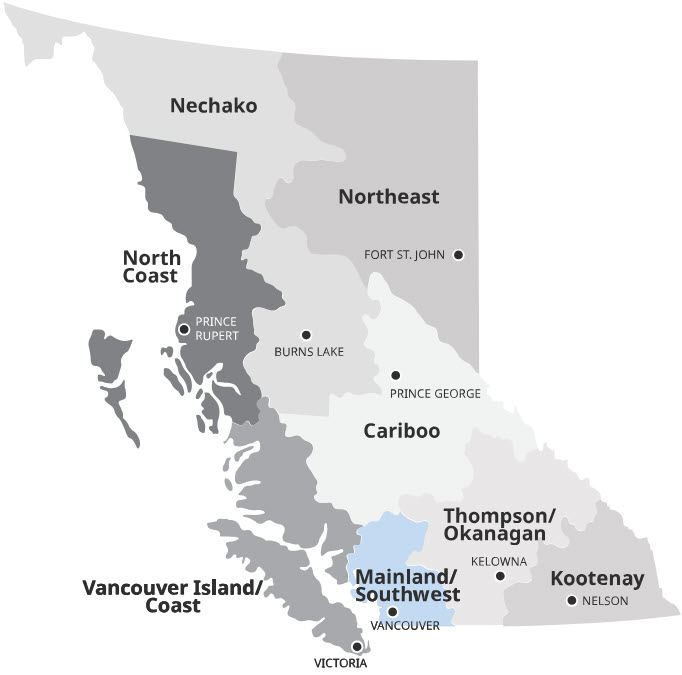 map of B.C. that highlights the Mainland/Southwest region