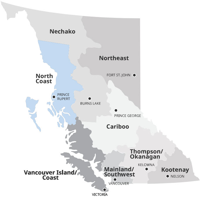 map of B.C.  with the North Coast region highlighted