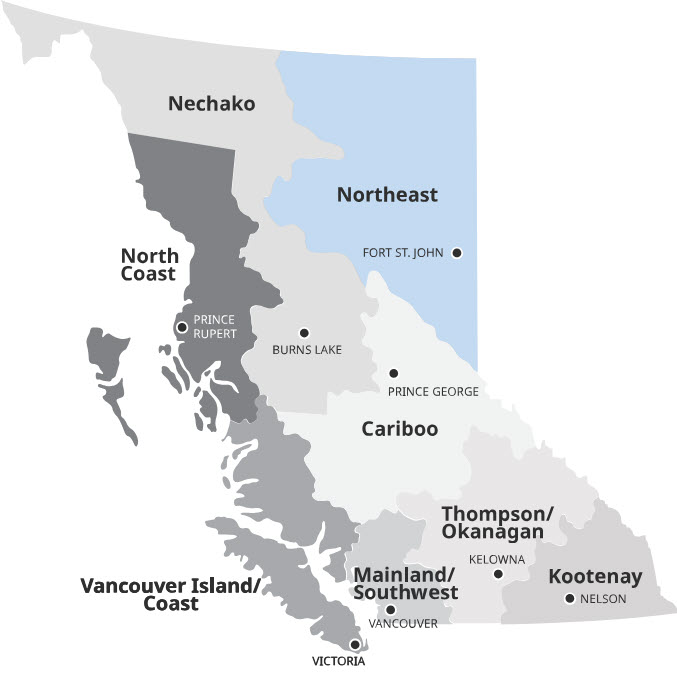 map of B.C. with the Northeast region highlighted