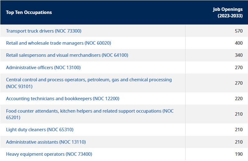 table listing top ten occupation categories in northeast region for 2023-2033