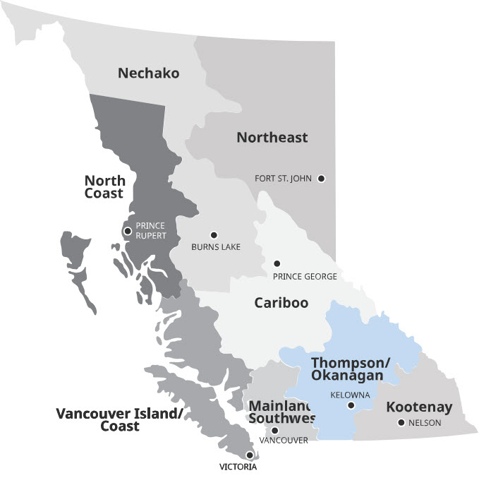 map of B.C. with the Thompson-Okanagan region highlighted