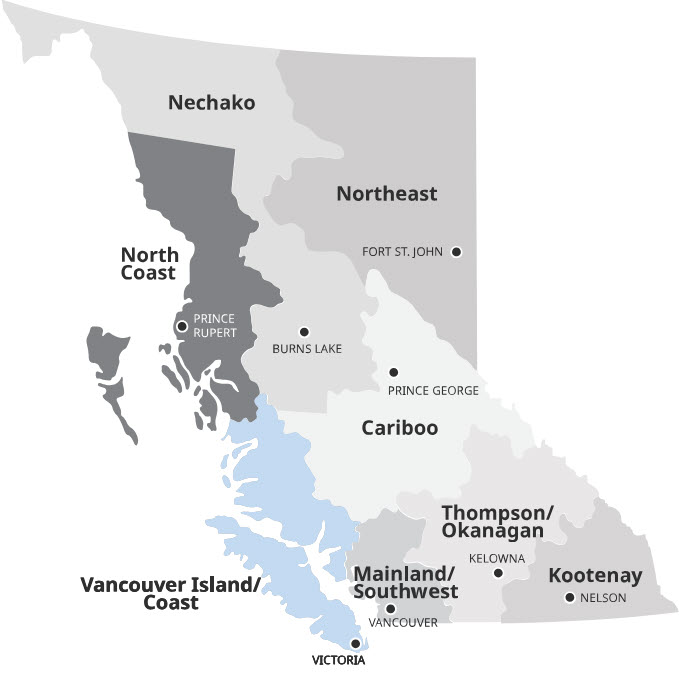 Map of B.C. with the Vancouver Island /Coast region highlighted