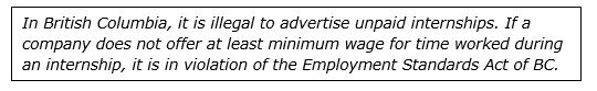 In British Columbia, it is illegal to advertise unpaid internships.