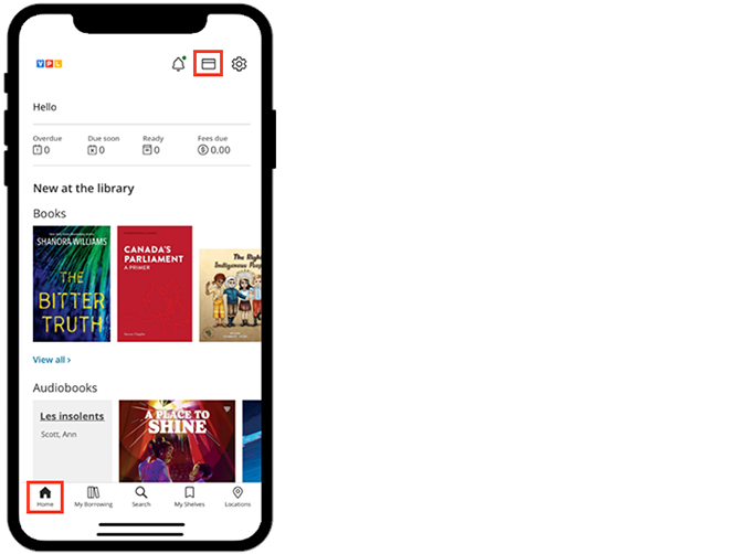 Image of VPL Mobile App Homescreen with Library Card Icon highlighted