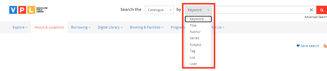 Dropdown options for a search on VPL Catalogue desktop