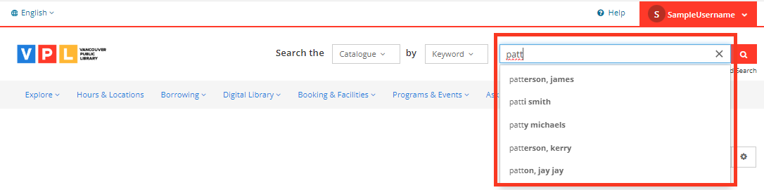 Suggestions appearing for a search on the VPL Catalogue desktop