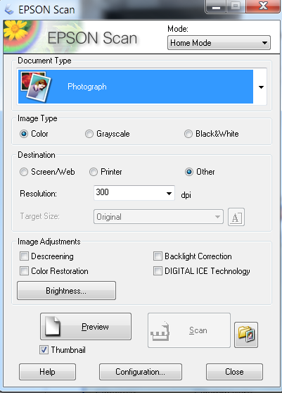 a screnshot of the Epson Scan Menu