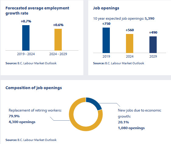 forecasted average employment growth rate; job openings; composition of job openings for 2019 to 2029