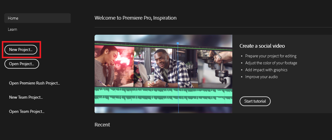 Adobe Premiere Pro welcome screen