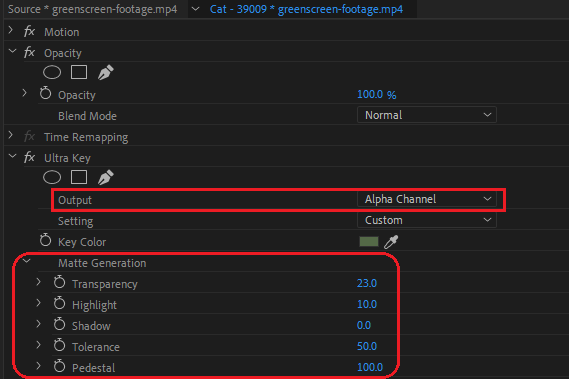 Alpha and Matte Generation options in Adobe Premiere Pro