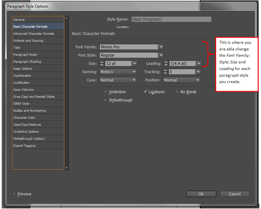 a screenshot of the 'Paragraph Style Options' menu in InDesign