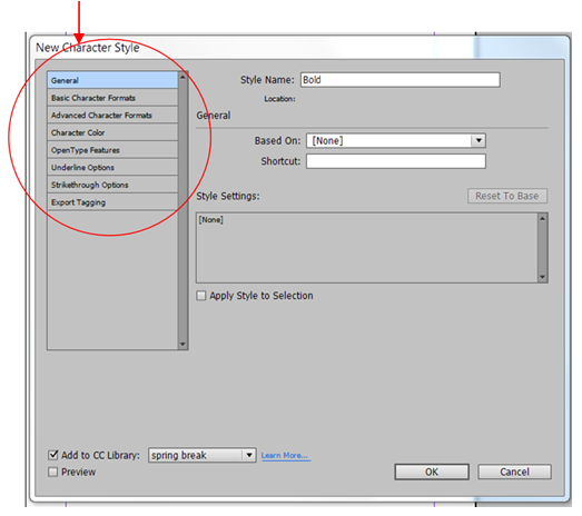 a screenshot of the 'New Character Style' menu in InDesign