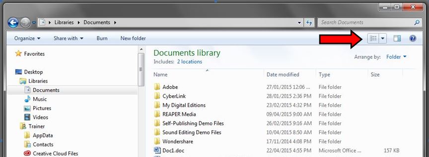 'changing your view' in the Documents folder, screenshot