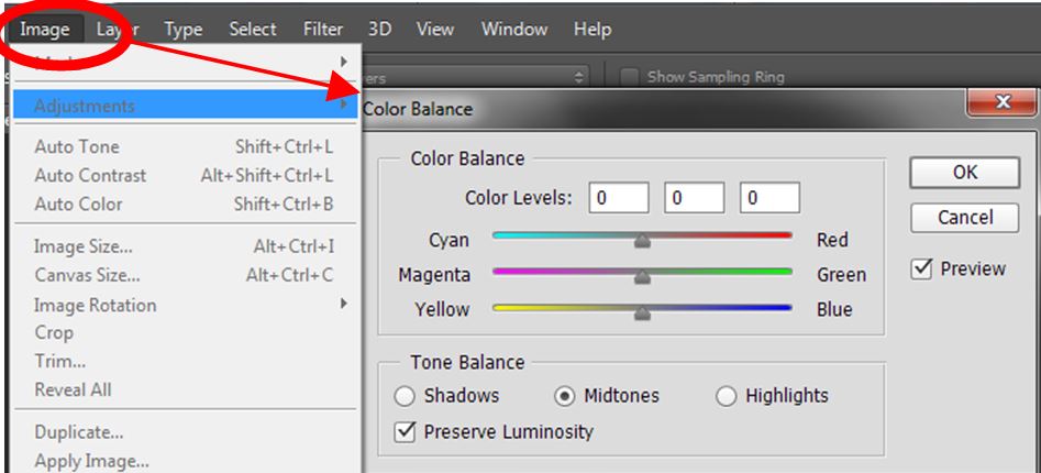 a screenshot of the 'color balance' menu in the image menu in Photoshop