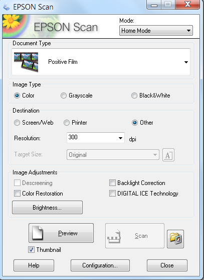 a screnshot of the Epson Scan Menu