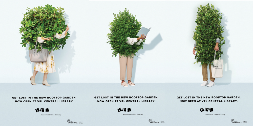 Three transit ads featuring people covered in plants. 