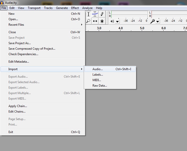 a screenshot of the 'File' menu in Audacity