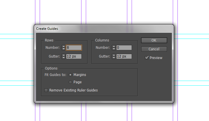 a screenshot of the 'Create Guides' menu in InDesign