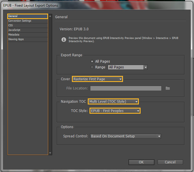 a screenshot of the 'Export Options' menu in InDesign