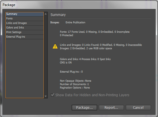 a screenshot of the 'Package' menu in InDesign