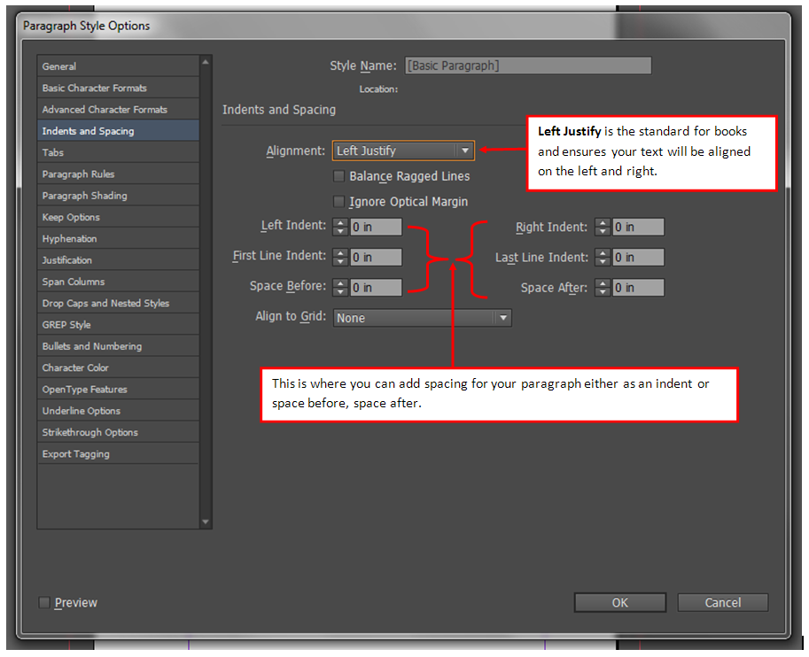 a screenshot of the 'Paragraph Style Options' menu in InDesign