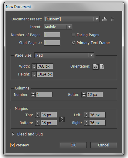 a screenshot of the 'New Document' menu in InDesign