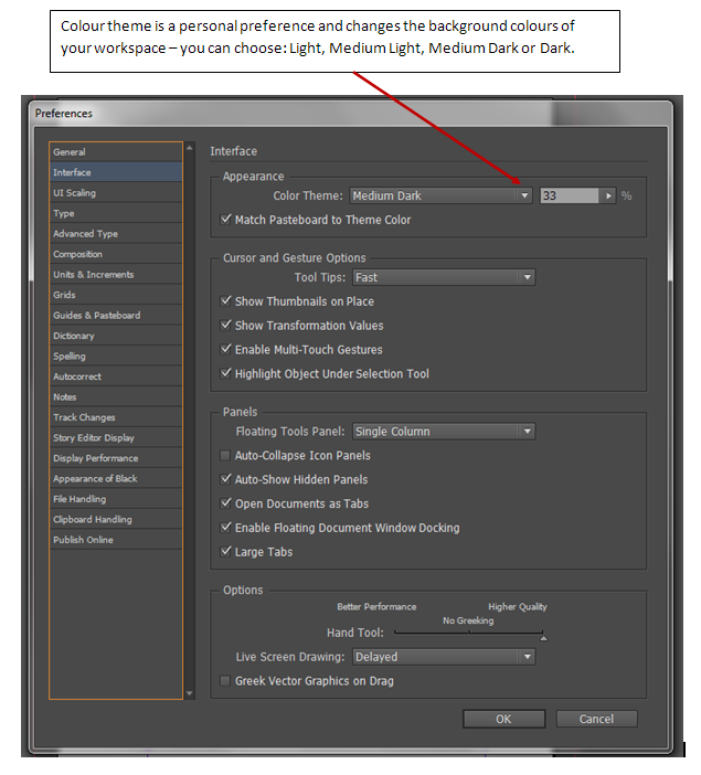 a screenshot of the 'Preferences' menu in InDesign