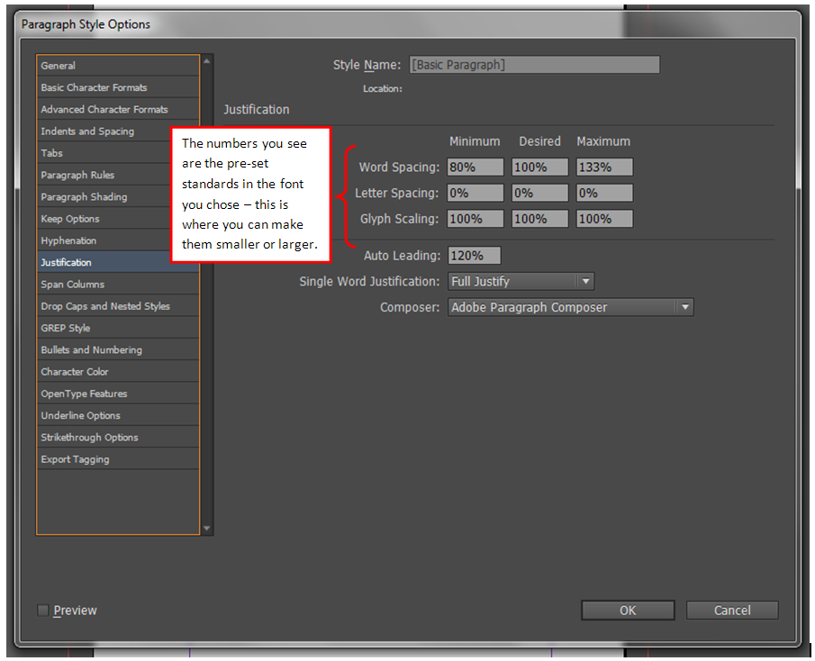 a screenshot of the 'Paragraph Style Options' menu in InDesign