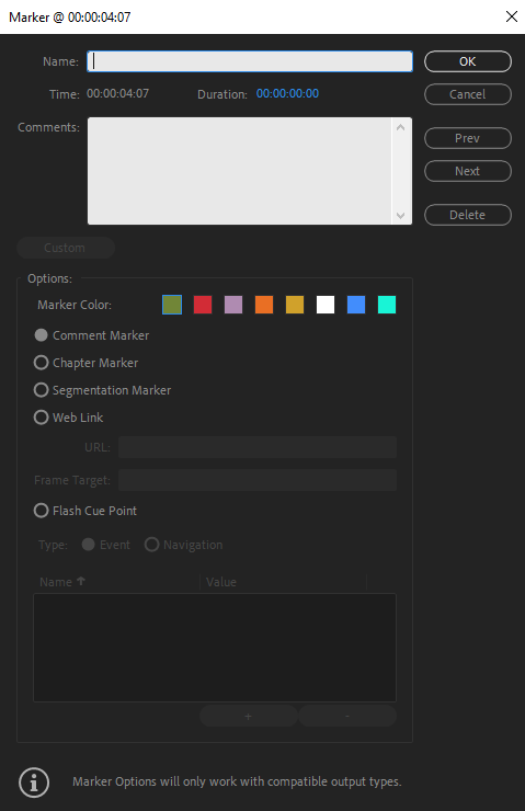 New Marker window in Adobe Premiere Pro