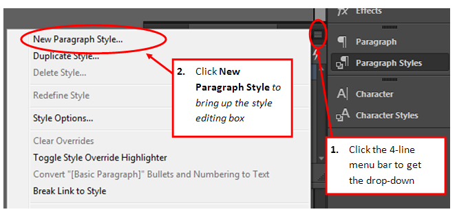 a screenshot of the 'Character Styles' menu in InDesign