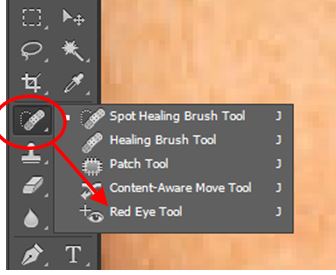 a screenshot of the 'Spot Healing Brush' tool with an arrow pointing to the 'Red Eye Tool' in Photoshop