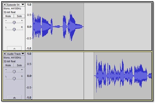 a screenshot of two audio tracks split using the selection tool in Audacity