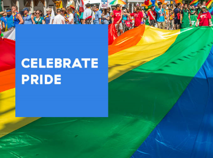 A photo of a large pride flag being carried down the middle of the street by parade participants at the Vancouver Pride parade. A blue box with white text to the left of the image reads: CELEBRATE PRIDE 