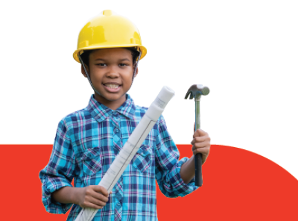 Photo of a boy wearing a construction hat and holding a hammer and some building plans.