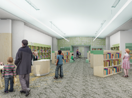 A wide view of the library looking toward the elevator. There are a number of children's height bookshelves along with several children and adults.