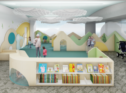 A computer rendering of a play space consisting of low hill-shaped dividers and cloud-shaped lighting on the ceiling, reminiscent of a stylized outdoor play area. In the foreground is a low bookshelf filled with children's books.