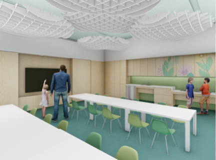 A computer rendering of a classroom setup with long bench tables and rows of chairs along either side. On one wall is a large computer screen and along the other is a series of cupboards with a long multi-height counter running underneath.