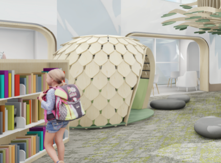 A kid-scale pod shaped somewhat like a pinecone with a large opening on the side. There are grey pebble-shaped seats on the ground and a child in a backpack looking at a bookshelf in the foreground.