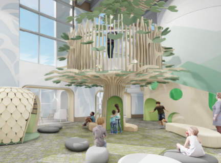 A computer rendering of a large tree-shaped indoor play structure. There are children and adults playing and interacting around it. Large pebble-shaped grey seats are scattered around it.