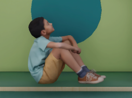 A computer rendering of a child sitting on the ground, arms resting on knees and looking up to the right. Behind is a green wall with a large blue-green spot