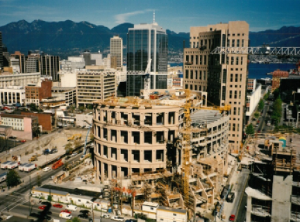 Archival aerial photograph of Vancouver Public Library Central Branch being built